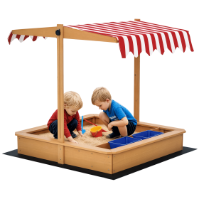 Children's Sandbox with Adjustable Cover, Wooden Sand Play with Seats & Basins