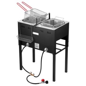 Outdoor Propane Deep Fryer, Dual-Tank 16QTx2 Large Capacity Commercial Fryer, Stainless Steel Fish Cooker with 3 Basket, Thermometer