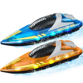 RC Boat, 2 Pack 2.4GHz 12 km/h, Remote Control Boat for Pools & Lakes, Racing Boat with LED Light, 4 Rechargeable Batteries, Whole Body Waterproo (Remote Control Boat Shape: Boat, Color: Blue + Orange)
